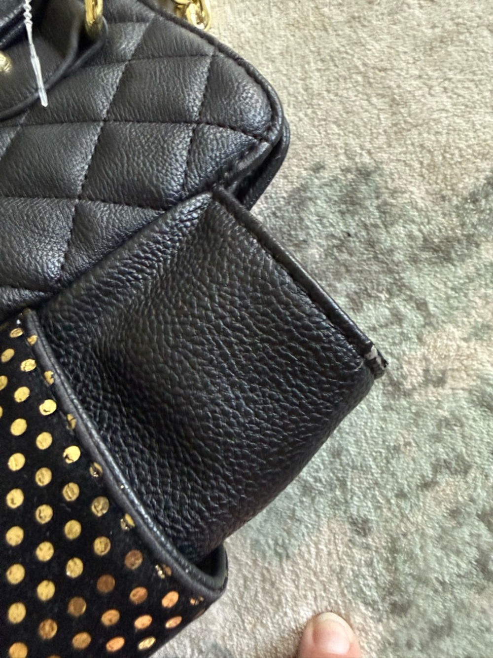 Betsey Johnson Black Tie Affair Quilted Tote - Gold Stud Details, Floral Lining - Picture 9 of 11